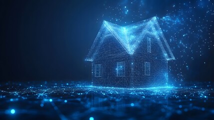 Leinwandbilder - Futuristic house rendered as a luminous blue wireframe on a connected node network. Represents modern architecture, data connectivity, and innovation. Ideal Abstract dark blue wireframe