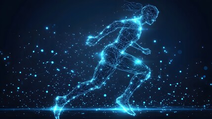 Fototapete - Futuristic digital art depicting a runner constructed from glowing blue lines against a dark, tech-inspired backdrop. The dynamic pose conveys speed and energy. Abstract dark blue wireframe