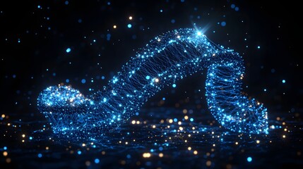 Poster - Futuristic network with glowing blue dots connected by lines, creating a technological web against a dark backdrop. Golden bokeh enhances the modern, scientific feel. Abstract dark blue wireframe