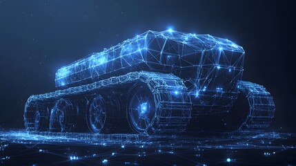 Leinwandbilder - Futuristic vehicle in glowing blue wireframe against a dark blue backdrop. Boxy structure, large wheels, and complex digital design highlight advanced technology. Abstract dark blue wireframe