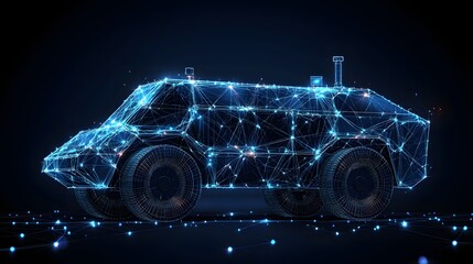 Poster - A futuristic vehicle depicted as a luminous blue wireframe on a dark backdrop. The interconnected lines and dots create a high-tech aesthetic, with detailed wheels. Abstract dark blue wireframe