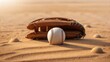 © DND - Baseball, leather glove, and ball on sand after a fitness or training session for a match or competition.