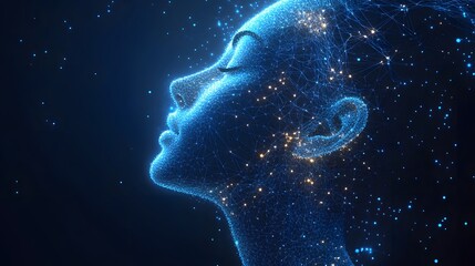 Poster - Futuristic profile of a human face constructed from glowing blue lines and points. The digital artistry suggests AI and connectivity, making it relevant for Abstract dark blue wireframe.