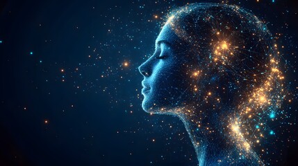 Aufkleber - Futuristic digital woman portrait. A network of blue lines and nodes forms her profile against a dark gradient, with golden lights highlighting her features. Abstract dark blue wireframe.
