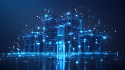 Poster - Futuristic blue wireframe of a complex multi-level building illuminated with glowing nodes and reflective surface. High-tech architectural design evokes innovation. Abstract dark blue wireframe