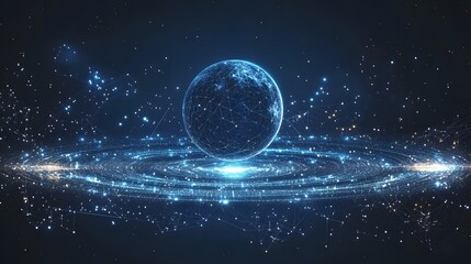 Poster - Futuristic data sphere amidst a starlit network. Glowing blue energy swirls in a digital dance of connection and innovation. Ideal for technology and science concepts. Abstract dark blue wireframe