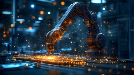 Poster - Futuristic robotic arm welds metal, sparks flying. High-tech precision meets industrial power. Ideal for automation, robotics, manufacturing, and future tech visuals. Abstract dark blue wireframe