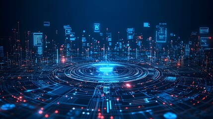 Leinwandbilder - Futuristic cityscape with glowing data paths. A digital matrix of blue light and red accents evokes advanced technology. Perfect for AI, cyberspace, and data themes. Abstract dark blue wireframe