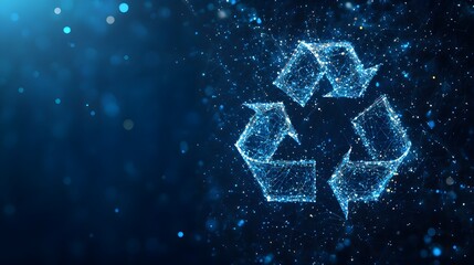 Poster - Futuristic recycling icon glows with interconnected dots against a dark blue bokeh background. A visually striking image conveying sustainability and technology. Abstract dark blue wireframe