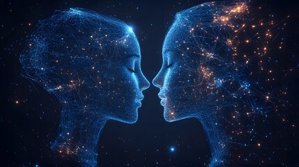 Leinwandbilder - Abstract faces connect in a digital dance. Blue lines and points of light depict consciousness, intimacy, and future tech. Ethereal connection in a star-filled expanse. Abstract dark blue wireframe.