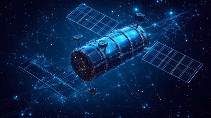 Poster - A satellite gracefully orbits, its solar panels gleaming against the backdrop of distant stars. Essential for communication and observation, this spacecraft is vital. Abstract dark blue wireframe.