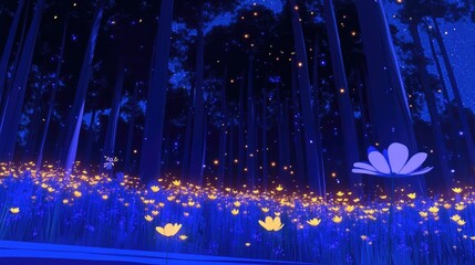 Glowing flowers in dark forest at night fantasy nature illustration
