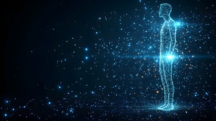 Aufkleber - Digital avatar rendered as a blue network, radiating energy in a networked space. Lens flares enhance the ethereal feel, symbolizing data flow. Abstract dark blue wireframe.
