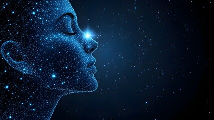 Aufkleber - Abstract profile portrait of a person created from interconnected blue dots and lines, with a bright light on the forehead, set against a dark, starry background. Abstract dark blue wireframe.
