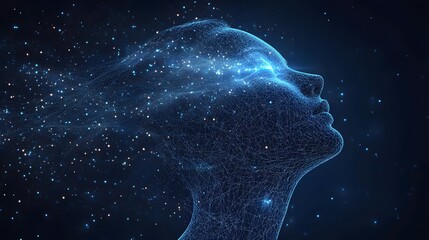 Poster - Ethereal human profile crafted from luminous blue lines against a dark backdrop. Glowing particles evoke a digital transformation, hinting at future tech. Abstract dark blue wireframe.