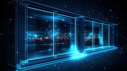 Poster - Futuristic wireframe showcases a city skyline at night, blending digital design with urban landscapes. Glowing dots evoke stars. A tech-oriented architectural visualization. Abstract dark blue