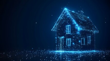Poster - Futuristic wireframe house glows against a deep blue backdrop, representing technology and innovation. The digital dwelling with blue lines evokes a sense of progress. Abstract dark blue wireframe.