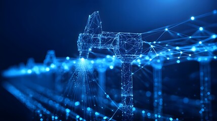 Leinwandbilder - Futuristic blue wireframe mechanical arm, a high-tech vision of robotics. A digital network glows, suggesting interconnected systems and precision engineering. Abstract dark blue wireframe