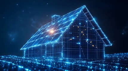 Fototapete - Futuristic house blueprint, glowing blue lines on a dark background. Represents modern architecture, digital design, and technology. Perfect for illustrating innovation. Abstract dark blue wireframe.