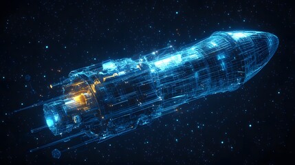 Fototapete - Futuristic spaceship amidst a star-filled expanse, glowing blue lines define its wireframe structure. Energy emanates with bright oranges & yellows, a visual spectacle. Abstract dark blue wireframe