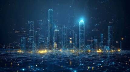 Leinwandbilder - Futuristic wireframe cityscape aglow with vibrant blue and yellow lights. A high-tech visualization of interconnected structures against a dark, star-speckled backdrop. Abstract dark blue wireframe