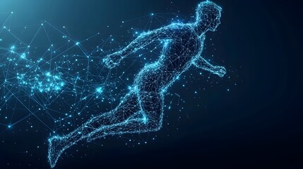 Fototapete - Futuristic digital human leaps forward, a network of blue light depicting movement and connection. Technology meets humanity in this abstract representation. Abstract dark blue wireframe