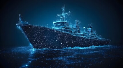 Poster - Futuristic naval ship, outlined with glowing blue lines, navigates digitized waters. A technological marvel, embodying modern maritime innovation and power. Abstract dark blue wireframe.
