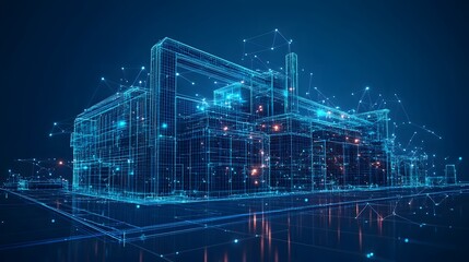Poster - Futuristic cityscape in wireframe, a high-tech grid of interconnected buildings glows with orange light against a deep blue backdrop. Reflective surfaces add depth. Abstract dark blue wireframe