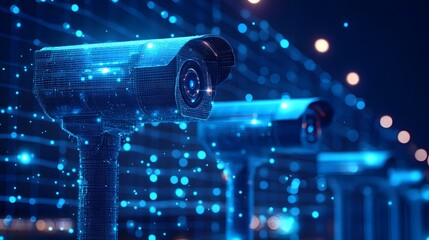 Aufkleber - Futuristic security camera array with blue grid design & bokeh lights. Sharp focus & depth of field create a modern, high-tech vibe. Perfect for security concepts Abstract dark blue wireframe