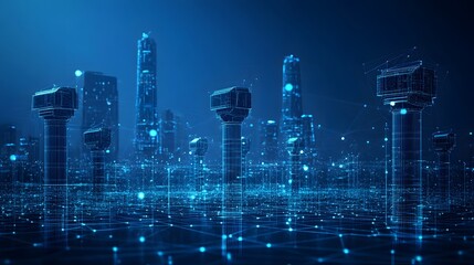 Fototapete - Futuristic blue cityscape glows with digital interconnectedness. Pillars morph into tech, mirroring a smart city's virtual heartbeat, ideal for Abstract dark blue wireframe.