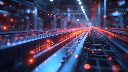 Fototapete - Futuristic grids illuminated by radiant dots create an immersive, abstract landscape. Overhead lights accentuate depth, casting an ethereal haze, ideal Abstract dark blue wireframe.
