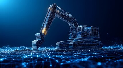 Fototapete - Futuristic excavator illustration with neon accents against a dark blue backdrop. Perfect for construction, technology, or infrastructure themes. A dynamic Abstract dark blue wireframe.