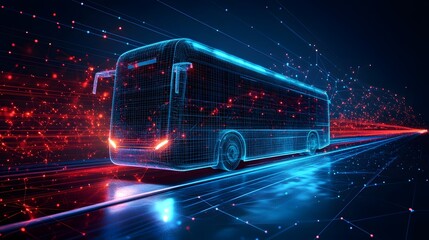 Fototapete - Futuristic bus concept with a glowing wireframe design against a dynamic backdrop. Perfect for transportation, technology, and innovation themes. Abstract dark blue wireframe