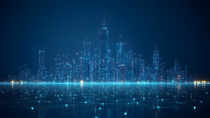 Fototapete - Futuristic city bathed in blue, showcasing interconnected buildings with glowing outlines and digital networks. Represents technological progress and energy flow. Abstract dark blue wireframe