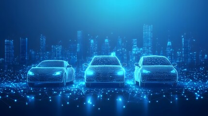 Fototapete - Futuristic cityscape featuring wireframe cars and interconnected networks. A vibrant display of technological advancement and connectivity, ideal for tech-themed visuals. Abstract dark blue wireframe