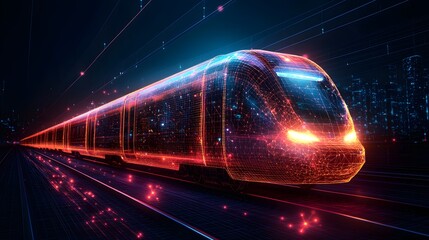 Fototapete - Futuristic neon train races through a glowing city. A high-speed marvel of illuminated lines and technological wonder. Modern transport. Abstract dark blue wireframe.