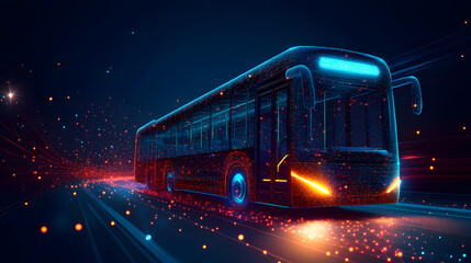 Fototapete - Futuristic bus speeds down a digital highway, its glowing lines illuminating the path. High-tech design meets motion in this conceptual image. Abstract dark blue wireframe