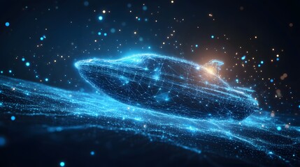 Leinwandbilder - Futuristic blue wireframe boat sails on a digital sea amid glowing particles, creating a tech-driven abstract scene. Conveys interconnectedness and innovation. Abstract dark blue wireframe
