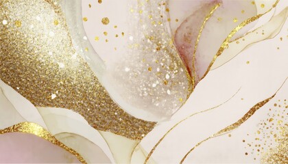 Fototapete - luxury beige abstract background with flowing gold foil curves and glitter dust for branding, web design, packaging or elegant print media

