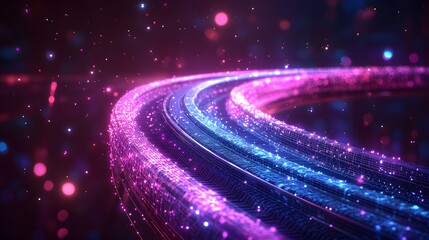 Poster - Futuristic network of neon pathways glows, symbolizing connectivity and innovation. Sparkling particles enhance the digital landscape. Ideal for tech and science themes. Abstract dark blue wireframe