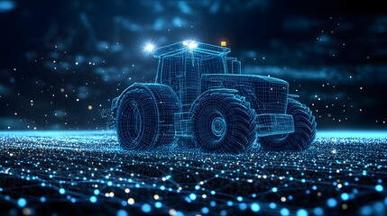Leinwandbilder - Blue wireframe tractor with illuminated headlights and orange beacon navigates a network data field. Futuristic design for agricultural technology. Abstract dark blue wireframe
