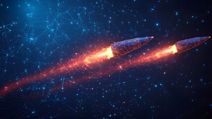 Poster - Digital rockets soar through a futuristic network, leaving fiery trails. A vibrant display of technology in space. Ideal for science, innovation, and Abstract dark blue wireframe.