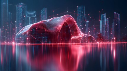 Fototapete - Futuristic cityscape with glowing blue skyscrapers and a central red-toned structure. Reflective surface adds depth, showcasing technological advancement. Abstract dark blue wireframe.