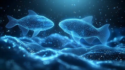 Leinwandbilder - Ethereal digital art showcases glowing blue wireframe fish swimming in a particle-lit space. Undulating waves suggest a serene underwater landscape. Abstract dark blue wireframe