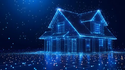 Fototapete - Futuristic wireframe house aglow with digital light, perched on a glowing grid. A technological marvel with star-like particles in the background. Ideal for innovation Abstract dark blue wireframe.