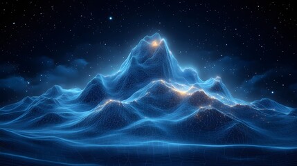 Fototapete - Digital mountains meet a starry night. Wireframe peaks glow with orange accents under a vast, blue-tinged, starlit sky. A technological take on natural beauty. Abstract dark blue wireframe