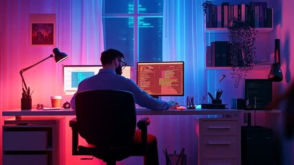 A focused individual coding on dual monitors in a modern home office with ambient lighting