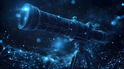 Poster - A futuristic wireframe telescope scans a glowing nebula, interconnected lines suggesting cosmic networks. Perfect for science, technology, and space exploration visuals. Abstract dark blue wireframe