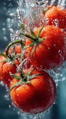 Aufkleber - Juicy red tomatoes falling into water, splashing, creating dynamic droplets and vibrant colors.  Fresh, ripe, and healthy vegetables. : Generative AI