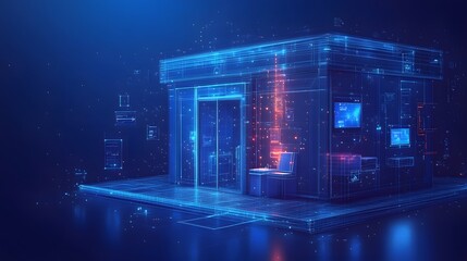 Leinwandbilder - Futuristic blue wireframe building with glowing elements and reflective floor. High-tech design ideal for digital innovation and data visualization. Perfect for Abstract dark blue wireframe.